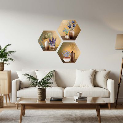 3 Piece Hexagon Shape Floral Theme Wall Art Decor for Living Room and Bedroom UV Textured MDF Home & Office Wall Decoration